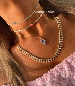 ART PINK BLUE HAMSA HAND NECKLACE