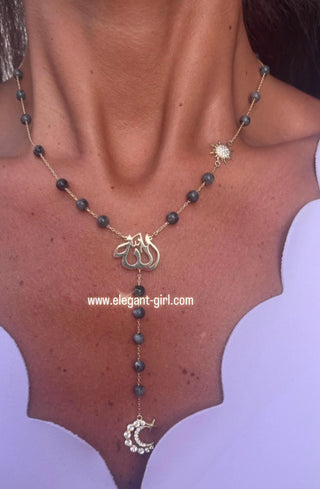 RIVER GRAY STONE SUN MOON ALLAH LONG NECKLACE