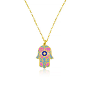 ART PINK BLUE HAMSA HAND NECKLACE