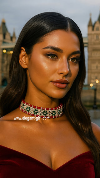 WOVEN GEM RED WITH EMERALD FLOWERS CHOKER