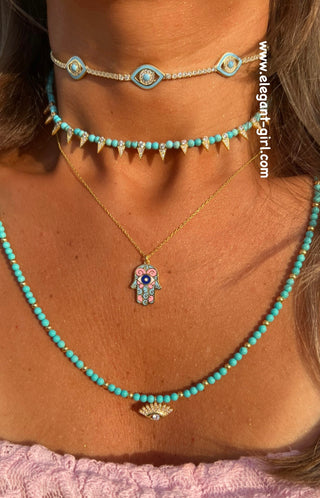 ART PINK BLUE HAMSA HAND NECKLACE