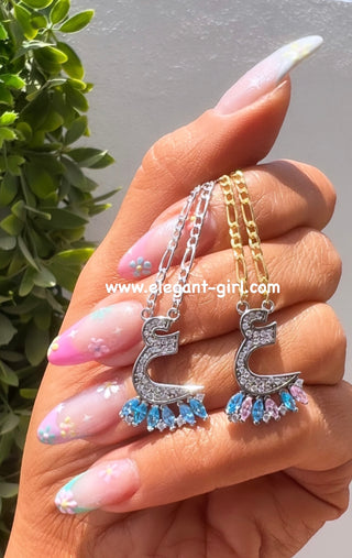 SPECIAL ARABIC LETTERS PINK X AQUA MARQUISE NECKLACE