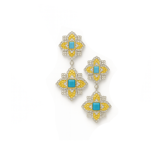 Luxury turquoise double earrings with gold diamond design in regal style by Elegant Girl