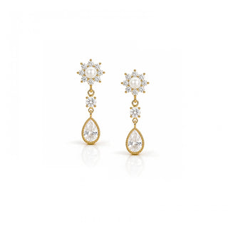 PEARL FLOWER SOLITAIRE TEAR DROP EARRING