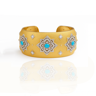 Royal turquoise bangle with gold diamond design and Italian engraved details by Elegant Girl