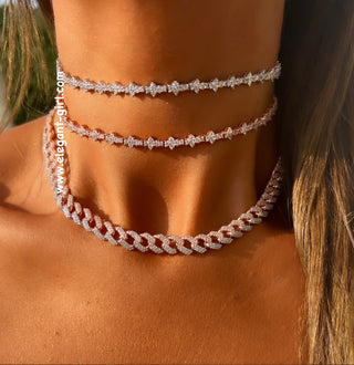 ROSE X SILVER HALF CUBAN  CHOKER