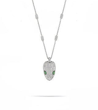 GREEN EYE FULL DIAMOND SILVER SERPENTI HEAD NECKLACE