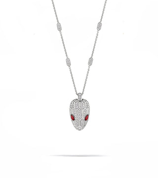 RED EYE FULL DIAMOND SILVER SERPENTI HEAD NECKLACE